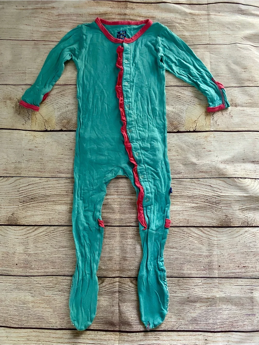 Kickee Pants Turquoise Footed One-Piece with Pink Trim